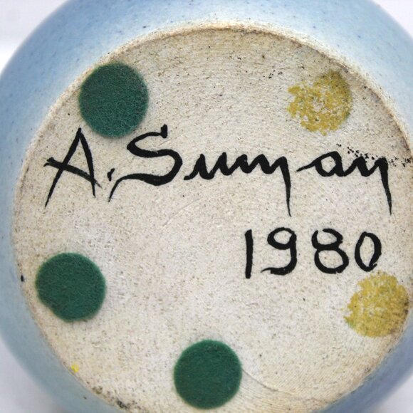 Vintage Santa Barbara Ceramic Art Pottery Blue Floral Vase by Alvaro Suman 1980 - Picture 5 of 6